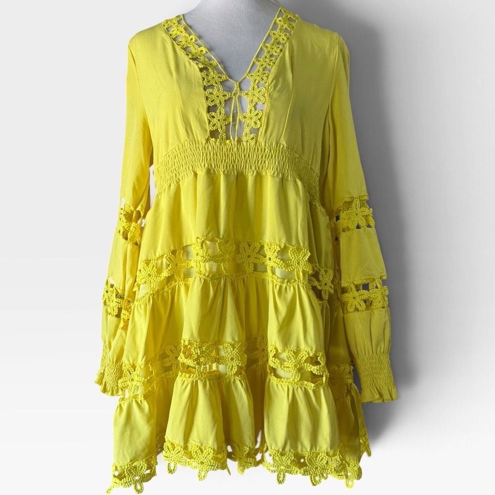 U-Star Mini Dress Women 2XL Crochet Lace Yellow Polyester Solid Long Sleeve Boho
